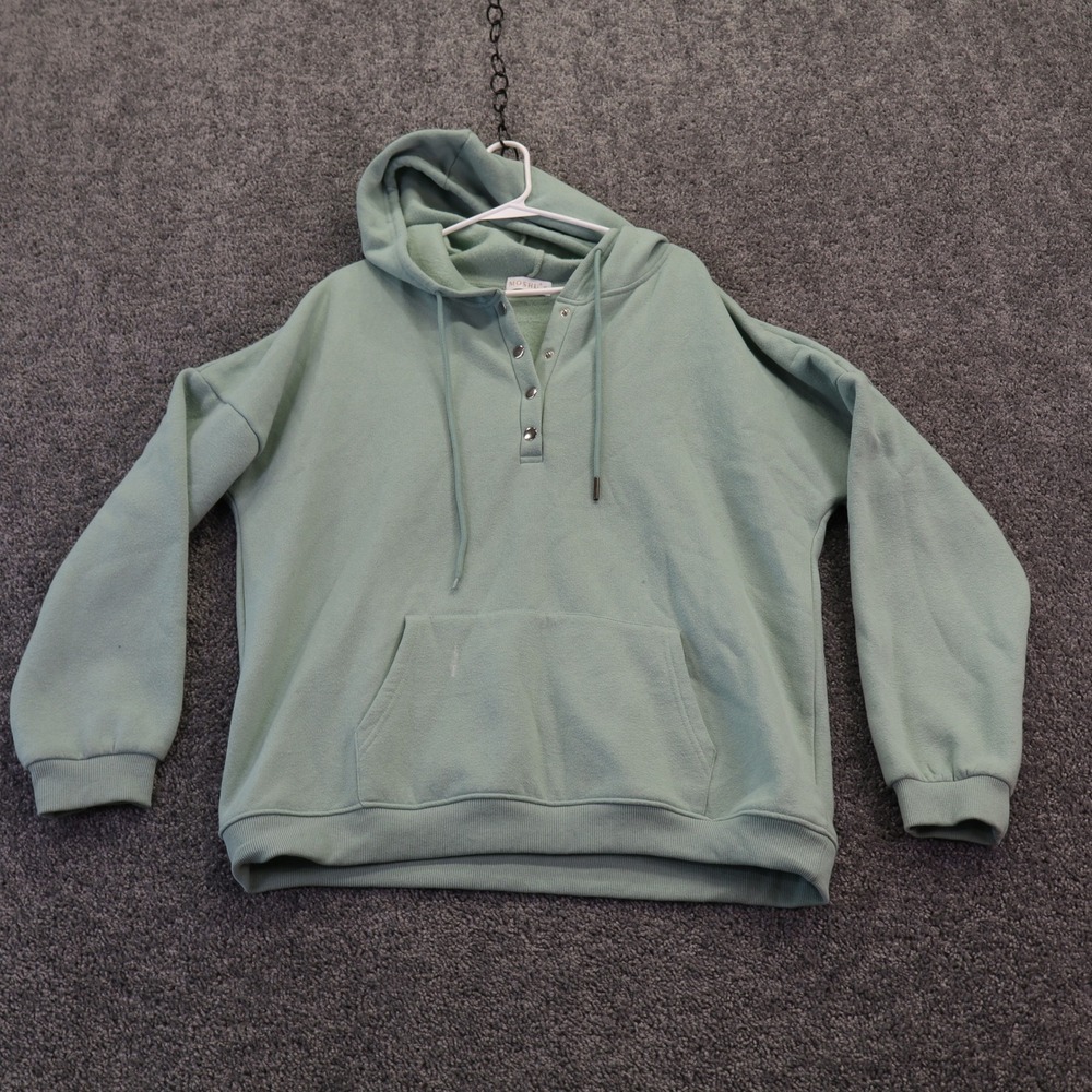 MOSHU Hoodie Womens Extra Large Green Snap Neck Kangaroo Pocket